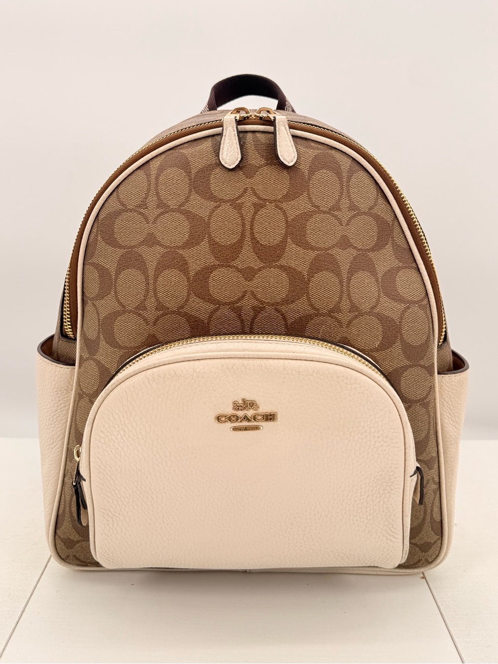 COACH Court Canvas Signature Backpack Chalk/Tan Leather Trim